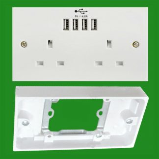 13A 2 Gang Double Wall Socket Converter Adaptor Back Box & Front Quad USB