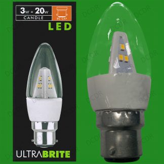 12x 3W LED Ultra Low Energy, Instant On, Clear Candle Light Bulbs, BC, B22 Lamps