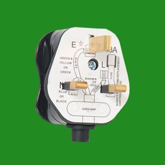 Black 3a Fused Standard UK 3 Pin Mains Household Plug With Cord Grip & Earth
