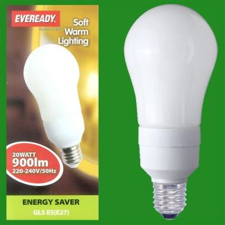 4x 20W Low Energy CFL Power Saving Light Bulbs,GLS; ES, E27 Lamps, Globes, 2700K