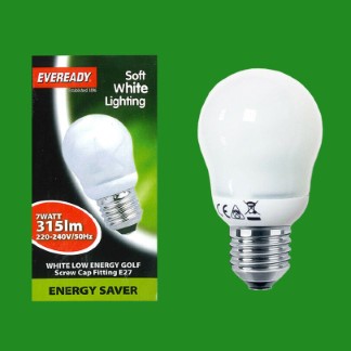 7W EVEREADY Golf Light Bulb ES E27 CFL Energy Saving Lamp 3500K Lighting