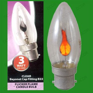 8x 3W Clear Flicker Flame Candle Light bulbs, Bayonet, BC, B22, Decorative Lamps