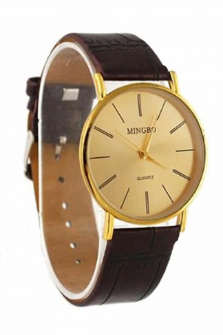 1x Mens Mingbo Golden Faux Leather Band Analogue Dial Quartz Battery Wrist Watch