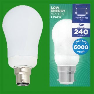 8x 5W 240lm Low Energy Power Saving CFL Mini GLS Light Bulb BC B22 Bayonet Lamp