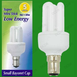 2x 5W (=25W) Low Energy CFL Mini Stick Light Bulbs SBC B15 Chandelier Lamps