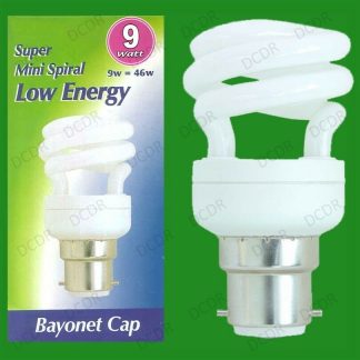 2x 9W (=46W) Low Energy Power Saving CFL Mini Spiral Light Bulbs, BC B22 Lamps