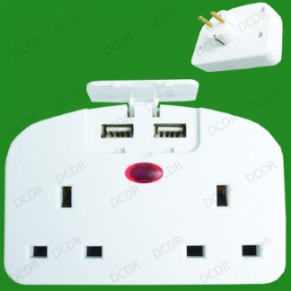 2 Pin Euro to 3 Pin UK Twin Mains Socket Travel Adaptor inc 2 USB Charging Ports