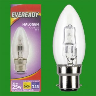 2x 20W (=25W) Dimmable Halogen Clear Candle Light Bulbs BC B22 Bayonet Lamps