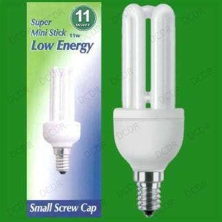 6x 11W (=60W) Low Energy Power CFL Mini Stick Light Bulbs, SES, E14, Small Screw