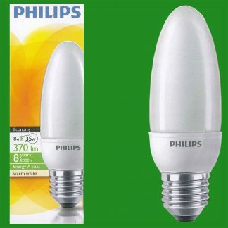 2X 8W Philips Candle Opal CFL Warm White, ES, E27 Light Bulb, Energy Saver
