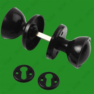 48mm Black Plastic Bakelite Mortice 2 Round Door Handle Knobs Set Retro Style