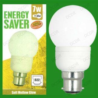 2x 7W Low Energy CFL Golf Round G55 Quick Start Light Bulbs, BC, B22 Lamp Globes