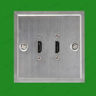 Twin Socket Two Female HDMI Through Cable Brushed Steel Wall Face Plate Mount