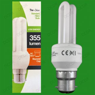 8x 7W Low Energy Power Saving CFL Stick Light Bulbs, BC B22 Bayonet Lamps