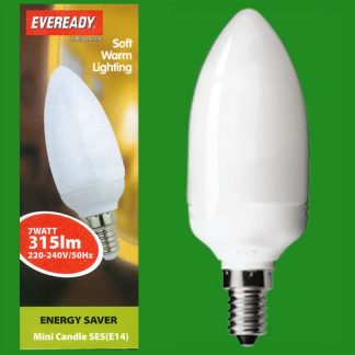 6x 7W Low Energy CFL Mini Candle 2700K Warm Light Light Bulbs, SES, E14 Lamps
