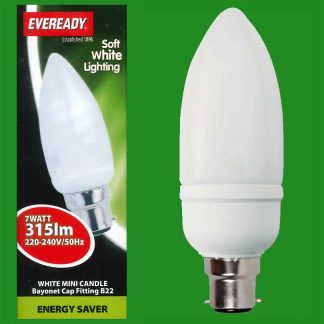4x 7W Low Energy CFL 3500k Soft White Mini Candle Light Bulbs, BC, B22