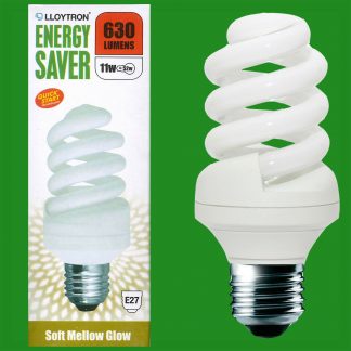 2x 11W (=52W) Low Energy 2700k Warm White CFL Spiral Light Bulb, E27 Screw