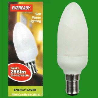 2x 7W Low Energy Saver CFL Mini Candle 2700K Soft Warm Light Bulbs, SBC, B15