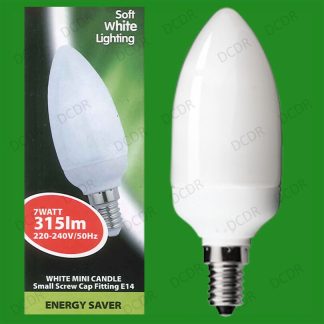 6x 7W Low Energy CFL Mini Candle 3500K Cool White Light Bulbs, SES, E14 Lamps