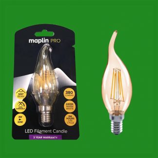 1x 4W (=33W) LED Filament Candle Gold Bent Tip Bulb, SES, E14 Lamp