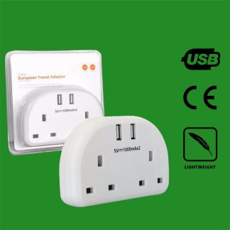 2 Pin EU to 3 Pin UK 2 Gang Converter Socket & USB, Europe Euro Travel Adaptor