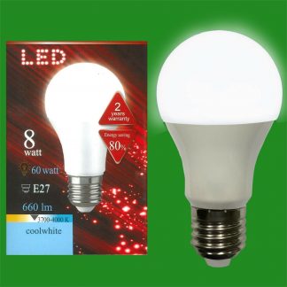 8W (=60W) LED 4000K Cool White GLS ES E27 Edison Screw Light Bulb Lamp
