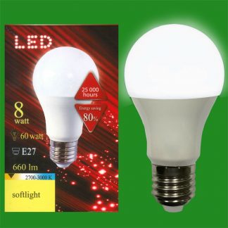 8W (=60W) LED 2700K Warm White GLS ES E27 Edison Screw Light Bulb Lamp