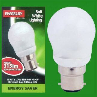 2x 7W Golf Low Energy CFL Round Cool White 315lm Light Bulb BC, B22 Bayonet Lamp
