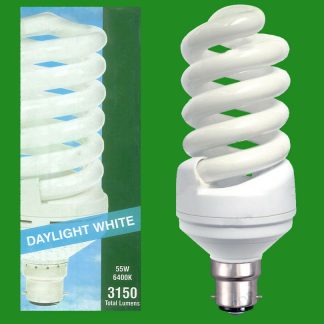 2x 55W 3150lm Daylight Low Energy CFL Spiral 6400k White Light Bulb Bayonet B22