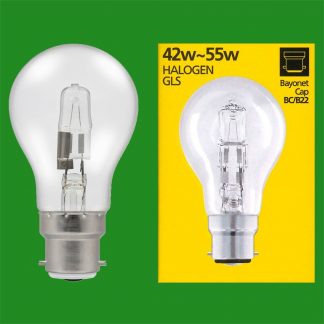 8x 42W (=55W) GLS Clear Dimmable Halogen Light Bulb BC B22 Bayonet Cap Lamp