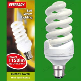 8x 20W (=75W) Low Energy CFL Micro Spiral Light Bulb 2700K BC Bayonet B22 Lamps