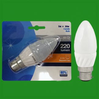 6x 5W (=30w) LED Low Energy, Instant On, Pearl Candle Light Bulb, BC B22 Lamp