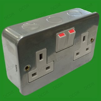 2 Gang, Metal Clad, Switched 13A Double Mains UK 3 pin Wall Power Socket Outlet