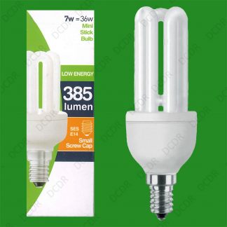 10x 7W (=36W) Low Energy CFL Mini Stick Light Bulbs, SES, E14, Small Screw Lamp
