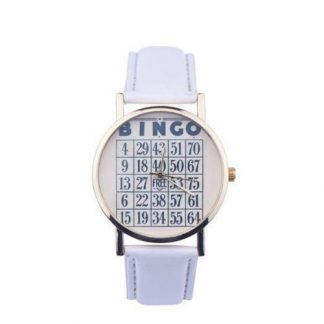 1x White Womens Casual Leather Quartz Analogue Novelty Bingo GIFT Wrist Watch