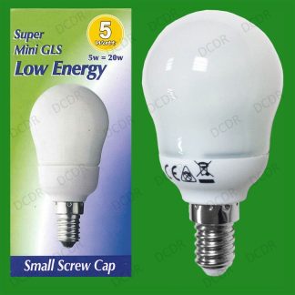 2x 5W Low Energy Power Saving CFL Super Mini GLS Light Bulbs, SES, E14 Lamps
