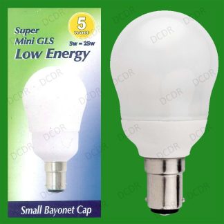 2x 5W Low Energy CFL Super Mini GLS Light Bulbs, SBC, B15, Small Bayonet Lamps