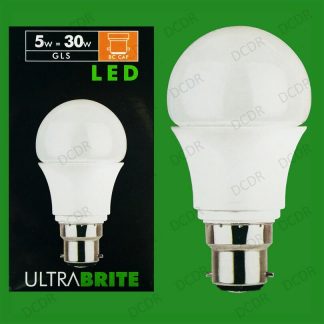 2x 5W LED Light Bulbs GLS Lamps Ultra Low Energy BC B22 Globes, 325 Lumen