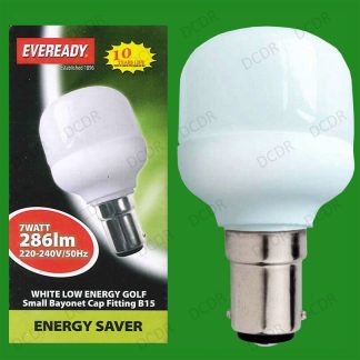 1x 7W Low Energy CFL Mini Golf, 3500K Cool White, Light Bulbs, SBC, B15 Lamps