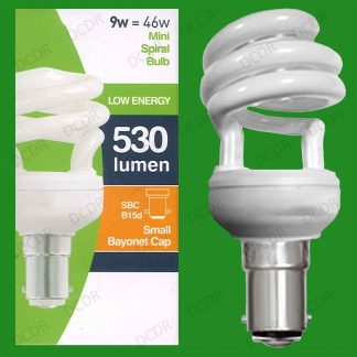 2x 9W Low Energy Power Saving CFL Mini Spiral Light Bulbs SBC B15 Small Bayonet