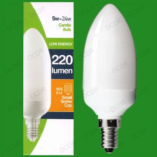 6x 5W Low Energy CFL Candle Light Bulbs, SES, E14, Small Edison Screw Lamps