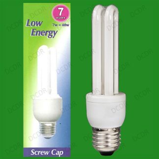 4x 7W (=40W) Low Energy Power Saving CFL Stick Light Bulbs; E27 Screw ES Lamps