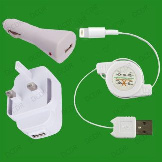 iPhone 5, 5s, iPad, iPad Air Complete Mains & Car Charging Kit, Retractable USB