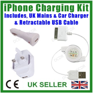 iPhone Travel Charging Kit, Retractable USB Cable, Mains & Car Charger, 3, 4, 4S