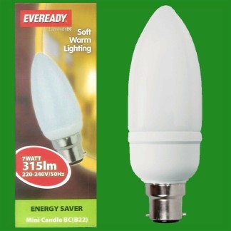 4x 7W Energy Saver CFL Mini Candle Warm White Light Bulb, BC, B22 Bayonet Lamp