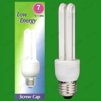 6x 7W (=40W) Low Energy Power Saving CFL Stick Light Bulbs; E27 Screw ES Lamps