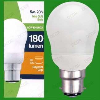 10x 5W Low Energy Power Saving CFL Mini GLS Light Bulbs, BC, B22 Bayonet Lamps