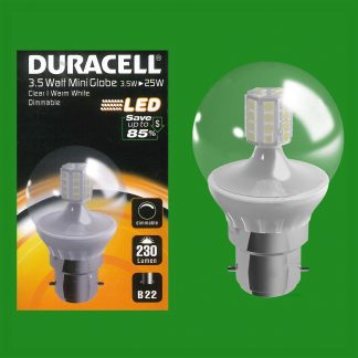 8x 3.5W (=25W) Dimmable Duracell LED Clear Mini Globe Light Bulb BC B22 Lamp