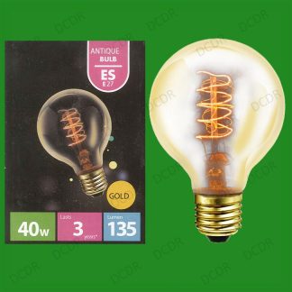 2x 40W Antique Vintage Gold G80 Dimmable Globe Light Bulbs, Screw ES E27 Lamps