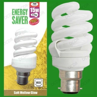 10x 15W (=75W) Quick Start Low Energy CFL Spiral Light Bulbs BC B22 Bayonet Lamp